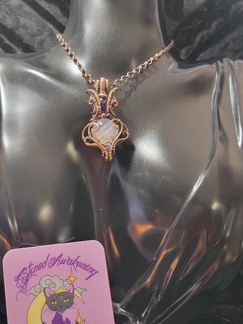 Moonstone with Amethyst in Antiqued Copper Hand Wrapped Pendant