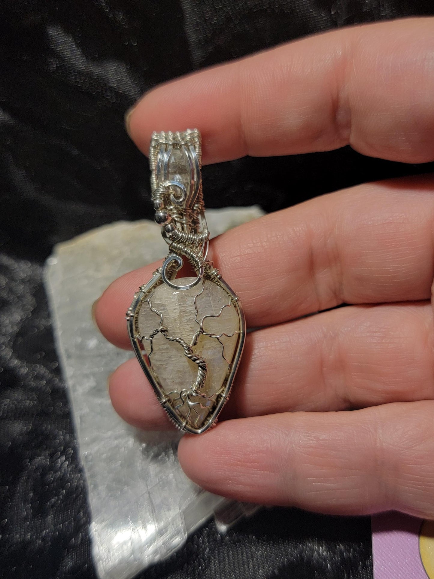 Flashy Belomorite w/Clear Quartz in Sterling Silver Tree Pendant