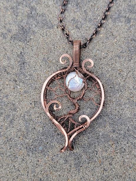 Antiqued Copper Tree of Life w/ Mother of Pearl Moon Hand Wrapped Pendant