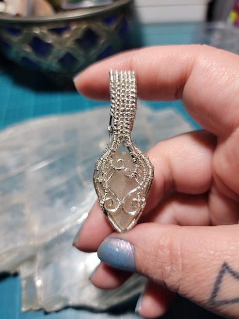 Flashy Belomorite w/Clear Quartz in Sterling Silver Tree Pendant