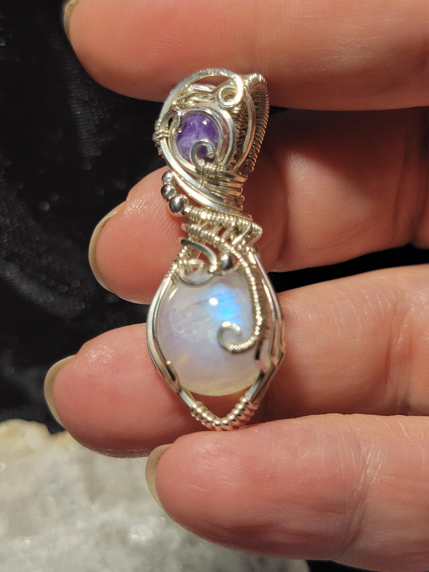 Rainbow Moonstone w/ Charoite in Sterling Silver