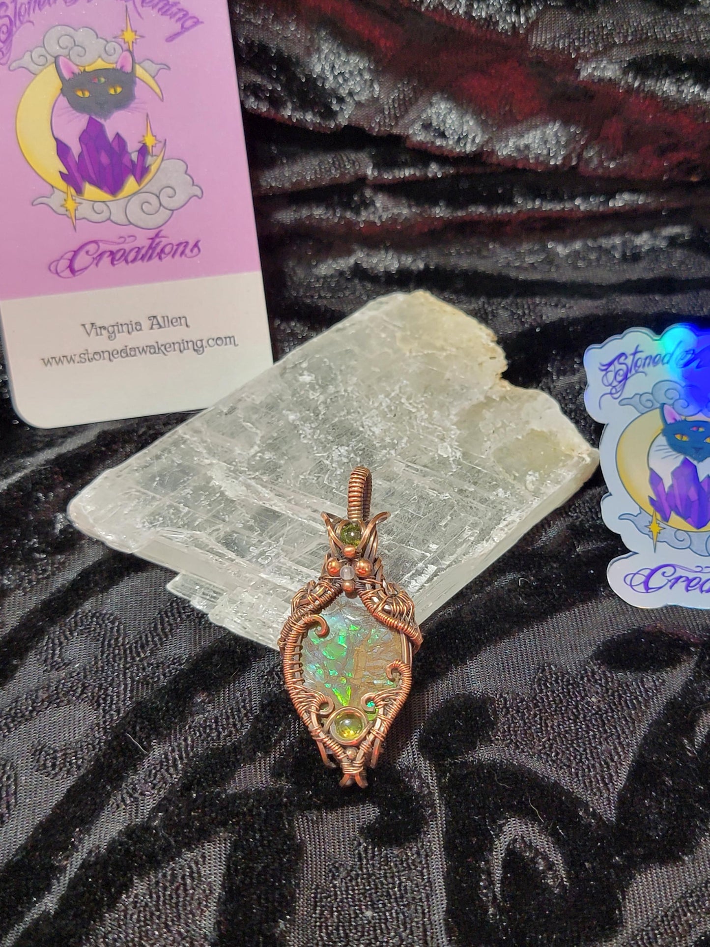 Ammolite w/ Peridot in Antiqued Copper w/ Peekaboo Crescent Moon in the Back Wrapped by Hand