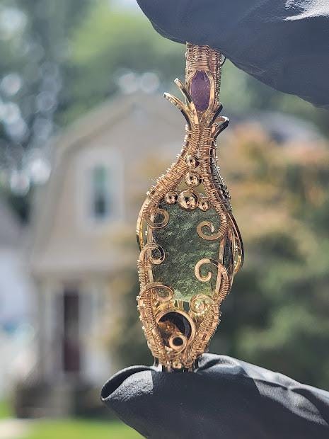 Genuine Rough Moldavite with Amethyst & Smoky Quartz Wrapped in 14k Gold Filled Wire Pendant Comes with 18" Chain