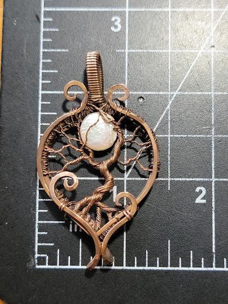 Antiqued Copper Tree of Life w/ Mother of Pearl Moon Hand Wrapped Pendant