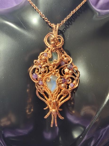 Double Bailed Moonstone and Labradorite Wire Wrapped Copper Pendant with Amethyst Accent Beads