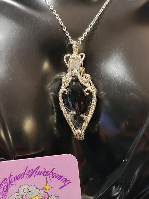Silver Sheen Obsidian w/ Moonstone Accent in Sterling Silver Wire Wrapped Pendant