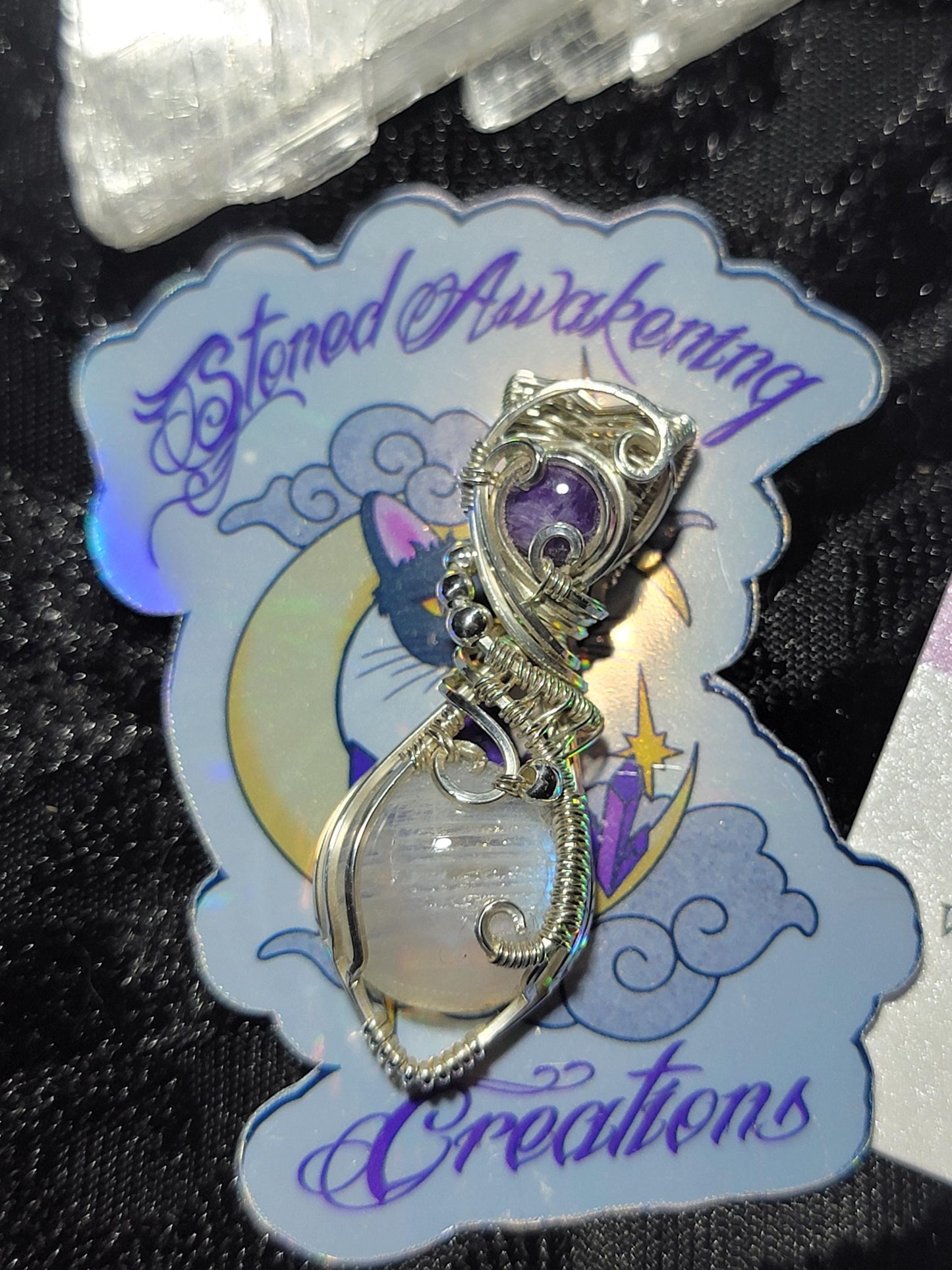 Rainbow Moonstone w/ Charoite in Sterling Silver