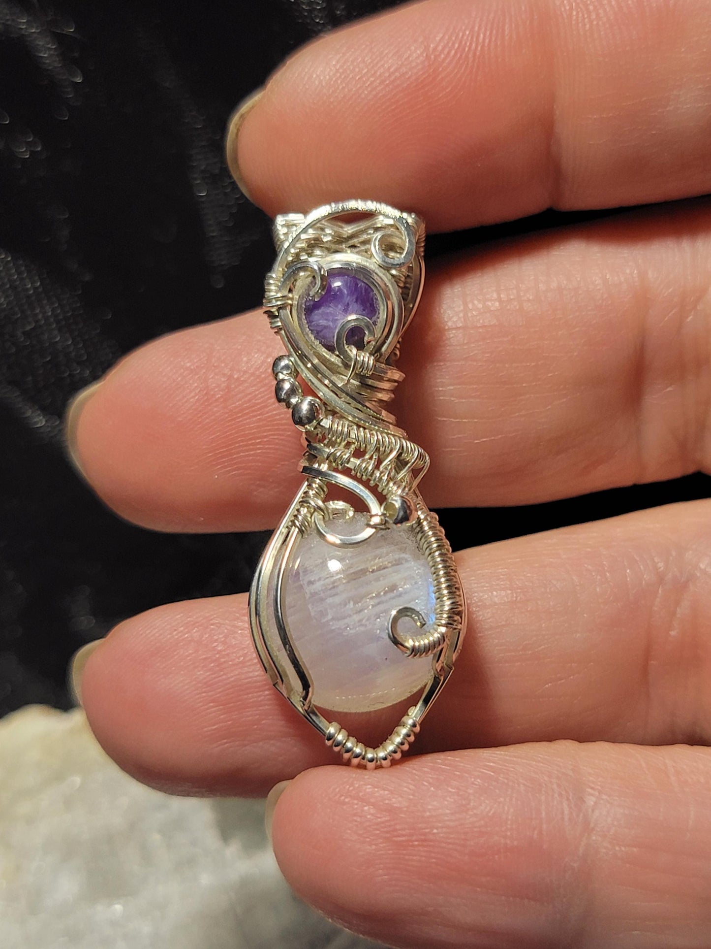 Rainbow Moonstone w/ Charoite in Sterling Silver