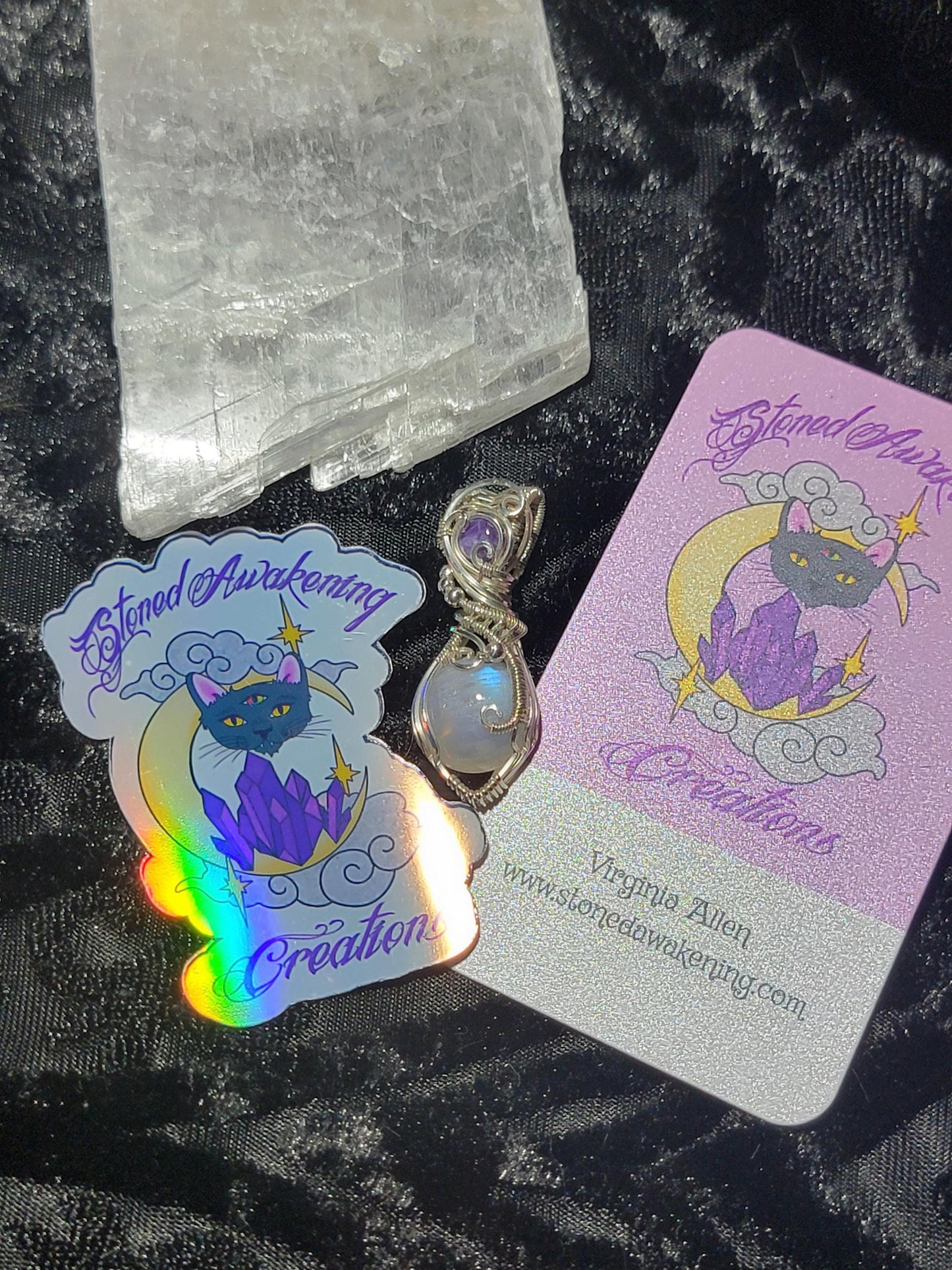 Rainbow Moonstone w/ Charoite in Sterling Silver