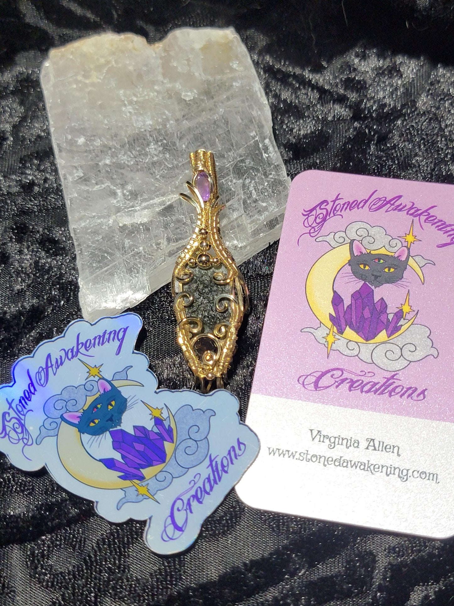 Genuine Rough Moldavite with Amethyst & Smoky Quartz Wrapped in 14k Gold Filled Wire Pendant Comes with 18" Chain