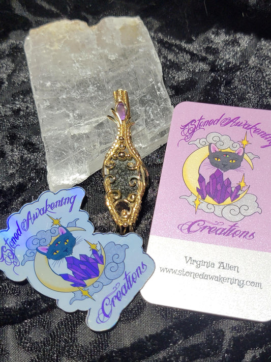 Genuine Rough Moldavite with Amethyst & Smoky Quartz Wrapped in 14k Gold Filled Wire Pendant Comes with 18" Chain