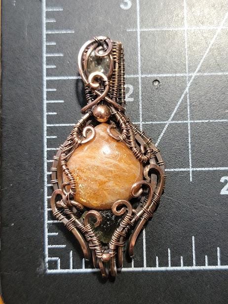 Sunstone w/ Moldavite & Libyan Desert Glass in Antiqued Copper Wire Wrapped Pendant Backed w/ Crescent Moon Detail