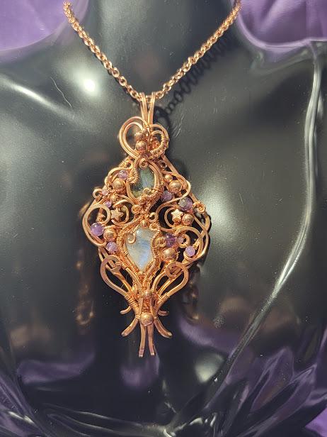 Double Bailed Moonstone and Labradorite Wire Wrapped Copper Pendant with Amethyst Accent Beads