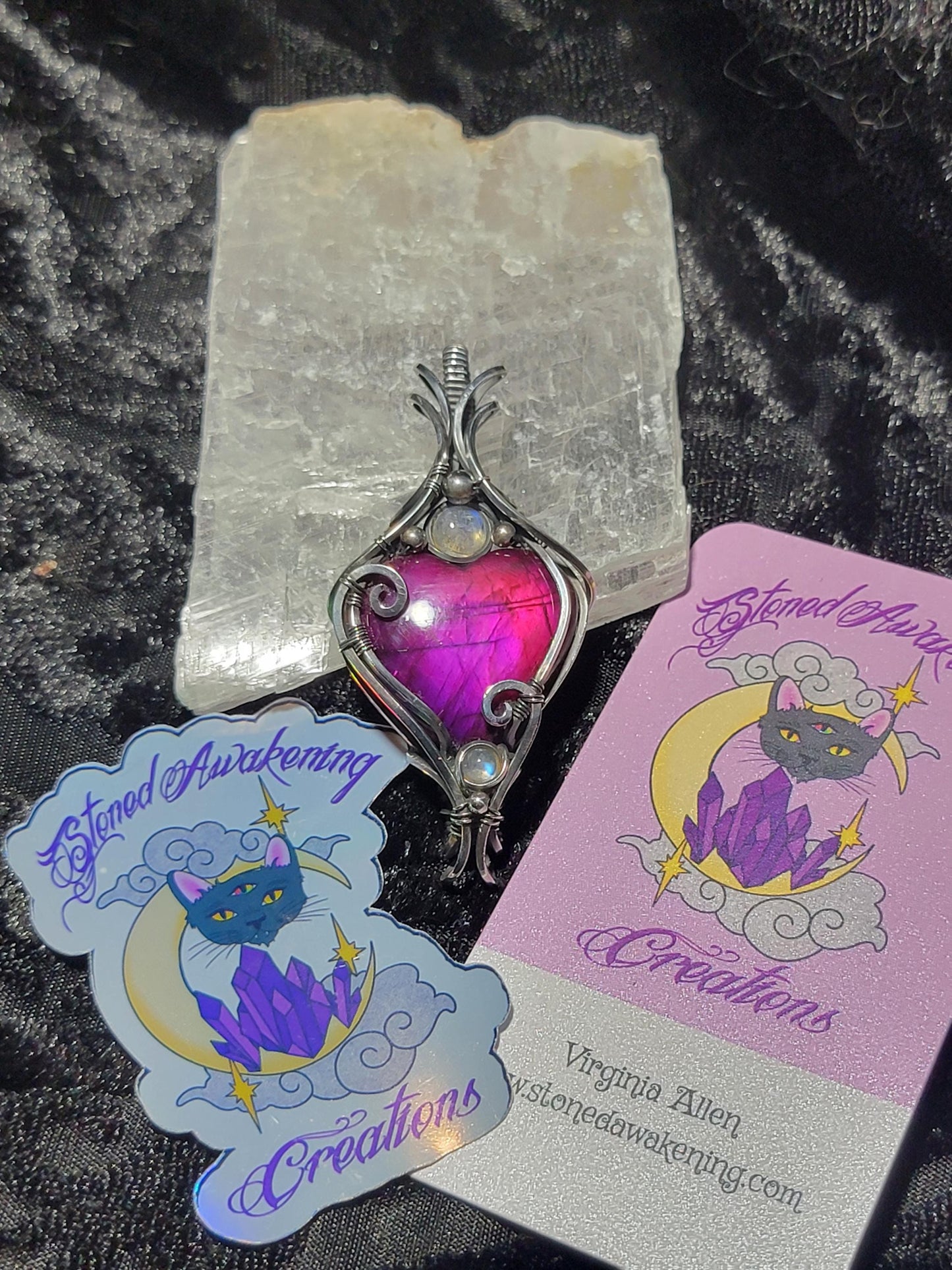 Dyed Pink Labradorite Heart w/ Rainbow Moonstone in Antiqued Silver