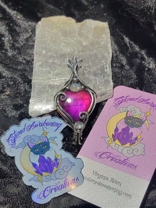 Dyed Pink Labradorite Heart w/ Rainbow Moonstone in Antiqued Silver