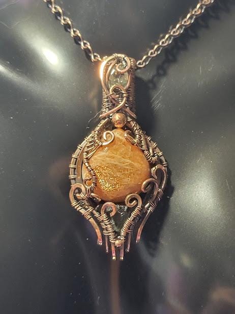 Sunstone w/ Moldavite & Libyan Desert Glass in Antiqued Copper Wire Wrapped Pendant Backed w/ Crescent Moon Detail