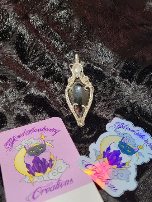 Silver Sheen Obsidian w/ Moonstone Accent in Sterling Silver Wire Wrapped Pendant