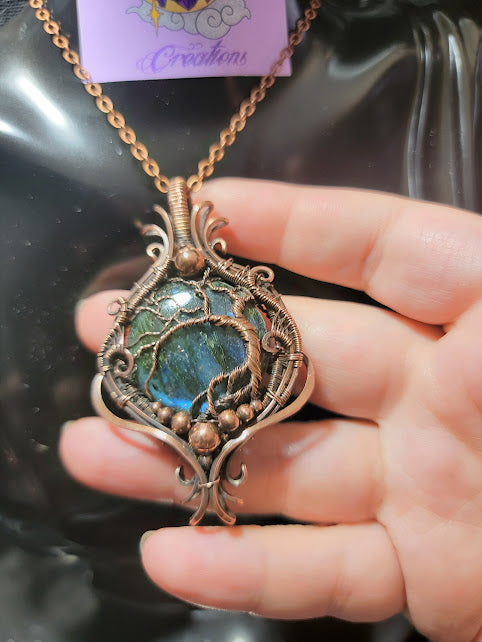 Double Sided Labradorite Tree of LIfe/Crescent Moon Statement Pendant - Antiqued Copper