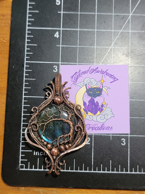 Double Sided Labradorite Tree of LIfe/Crescent Moon Statement Pendant - Antiqued Copper
