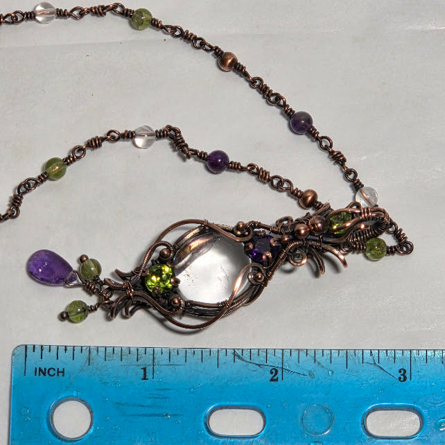 Clear Quartz in Antiqued Copper with Peridot & Amethyst Accents on 20" Beaded Chain