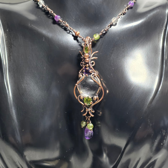 Clear Quartz in Antiqued Copper with Peridot & Amethyst Accents on 20" Beaded Chain