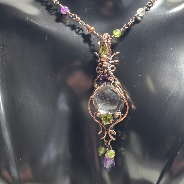 Clear Quartz in Antiqued Copper with Peridot & Amethyst Accents on 20" Beaded Chain