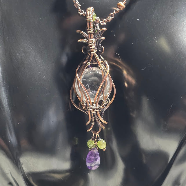 Clear Quartz in Antiqued Copper with Peridot & Amethyst Accents on 20" Beaded Chain