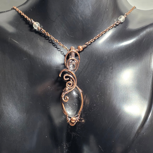 Clear Quartz in Antiqued Copper Pendant on 19" Copper and Quartz Satellite Chain