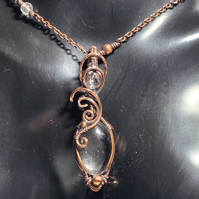Clear Quartz in Antiqued Copper Pendant on 19" Copper and Quartz Satellite Chain