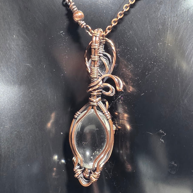 Clear Quartz in Antiqued Copper Pendant on 19" Copper and Quartz Satellite Chain
