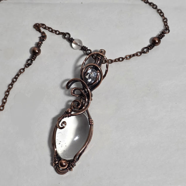Clear Quartz in Antiqued Copper Pendant on 19" Copper and Quartz Satellite Chain