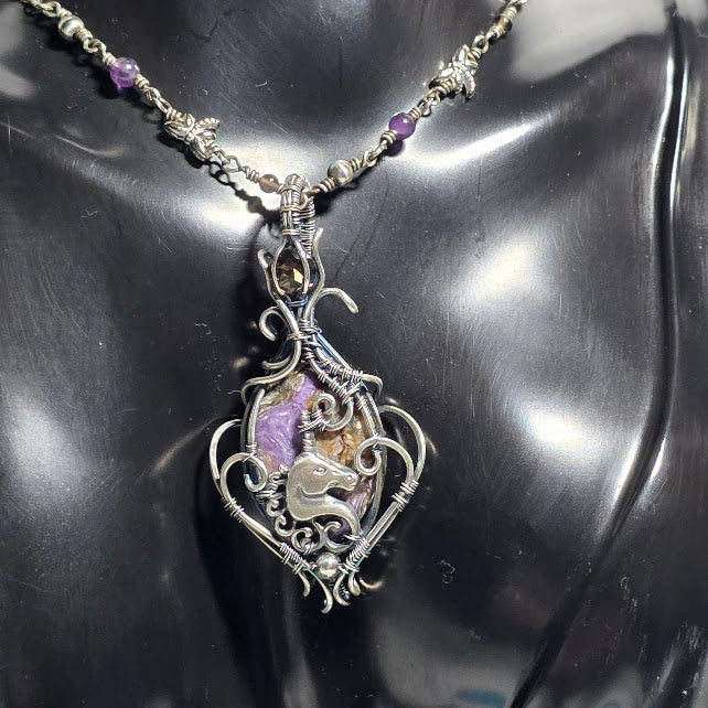 Charoite Unicorn Pendant in Silver Filled w/ Smoky Quartz & Sterling Accents on Amethyst, Silver and Smoky Quartz Beaded 18" Chain