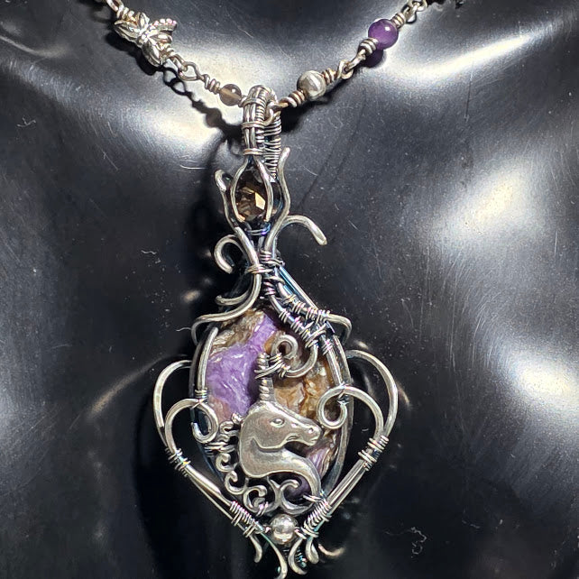 Charoite Unicorn Pendant in Silver Filled w/ Smoky Quartz & Sterling Accents on Amethyst, Silver and Smoky Quartz Beaded 18" Chain