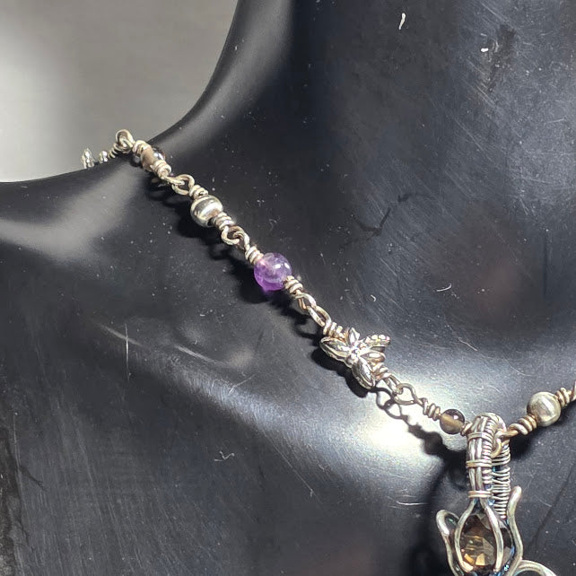 Charoite Unicorn Pendant in Silver Filled w/ Smoky Quartz & Sterling Accents on Amethyst, Silver and Smoky Quartz Beaded 18" Chain