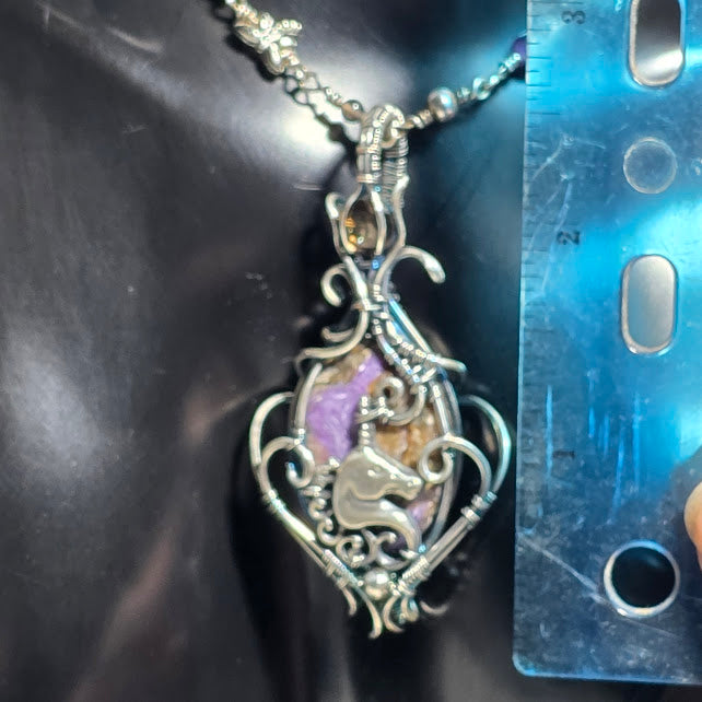 Charoite Unicorn Pendant in Silver Filled w/ Smoky Quartz & Sterling Accents on Amethyst, Silver and Smoky Quartz Beaded 18" Chain