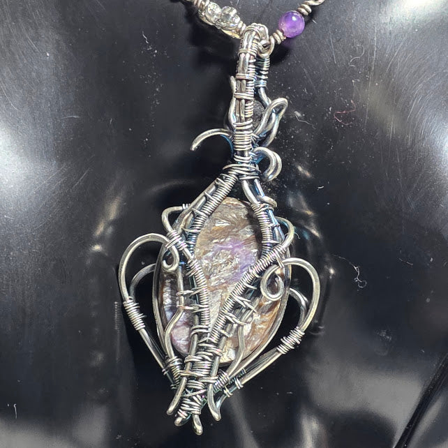 Charoite Unicorn Pendant in Silver Filled w/ Smoky Quartz & Sterling Accents on Amethyst, Silver and Smoky Quartz Beaded 18" Chain