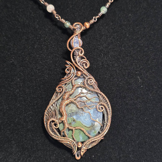 Scenic Lavender Moss Agate w/ Lavender Moon Quartz Antiqued Copper Tree Pendant on 19" Beaded Chain