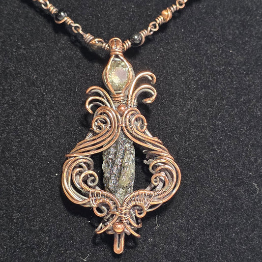 Genuine Moldavite w/ Libyan Desert Glass in Antiqued Copper on 18" Beaded Chain