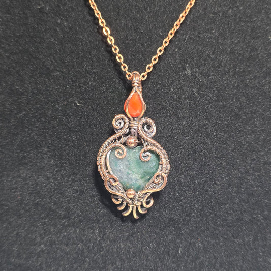 Moss Agate Heart w/ Orange Agate in Antiqued Copper on 18" Chain