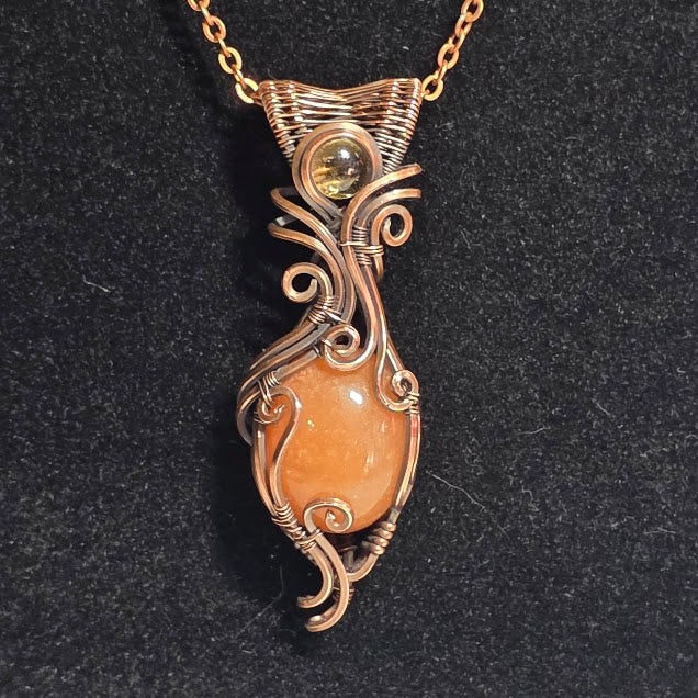 Peach Aventurine w/ Yellow Tourmaline in Antiqued Copper on 18" Chain