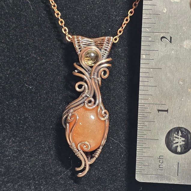 Peach Aventurine w/ Yellow Tourmaline in Antiqued Copper on 18" Chain