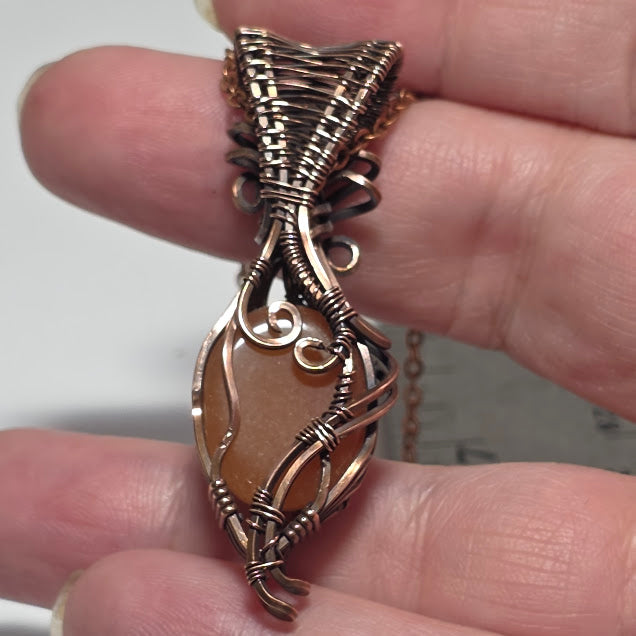 Peach Aventurine w/ Yellow Tourmaline in Antiqued Copper on 18" Chain