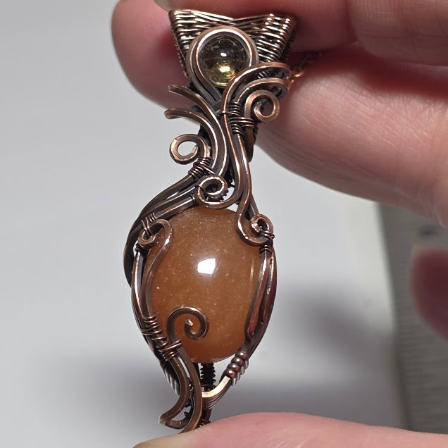 Peach Aventurine w/ Yellow Tourmaline in Antiqued Copper on 18" Chain