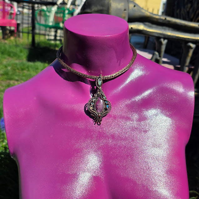 Ruby in Zoisite with Natural Ethiopian Opals in Antiqued Copper on Viking Knit Collar