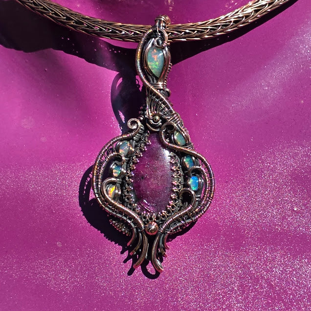 Ruby in Zoisite with Natural Ethiopian Opals in Antiqued Copper on Viking Knit Collar