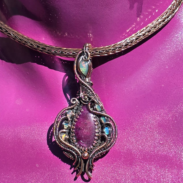 Ruby in Zoisite with Natural Ethiopian Opals in Antiqued Copper on Viking Knit Collar