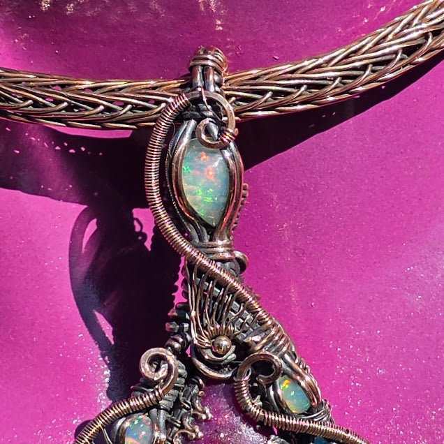 Ruby in Zoisite with Natural Ethiopian Opals in Antiqued Copper on Viking Knit Collar