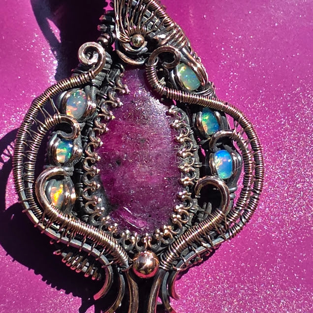 Ruby in Zoisite with Natural Ethiopian Opals in Antiqued Copper on Viking Knit Collar