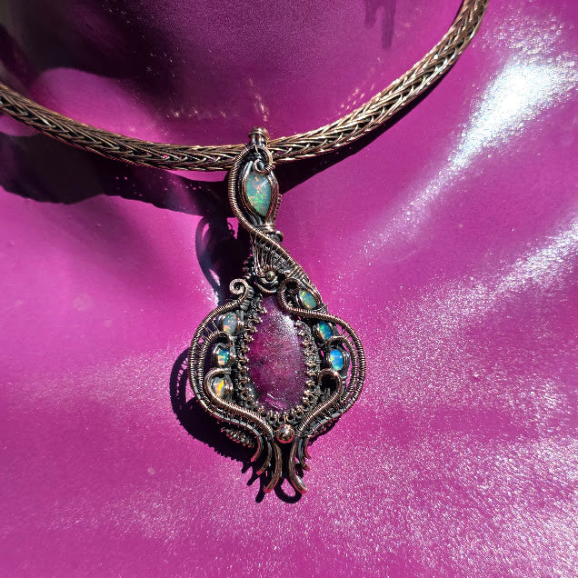 Ruby in Zoisite with Natural Ethiopian Opals in Antiqued Copper on Viking Knit Collar