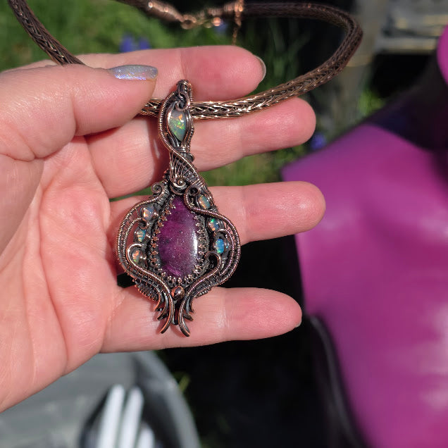 Ruby in Zoisite with Natural Ethiopian Opals in Antiqued Copper on Viking Knit Collar